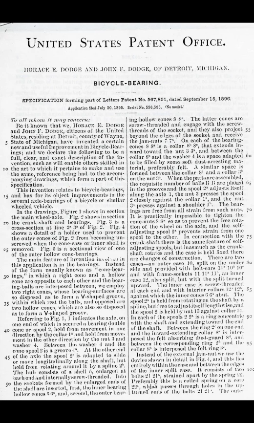 Dodge brothers’ bicycle bearing patent drawing, 1896.