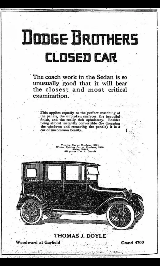 Advertisement for Dodge four-door sedan, late 1910s.