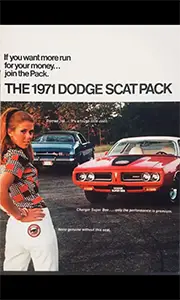 Advertisement for Dodge Scat Pack vehicles from the 1970s.